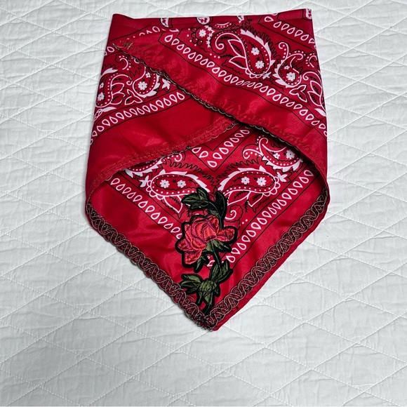 Bandana Neck Scarf OOAK Handmade With Embroidered patch Floral and Lace - Picture 6 of 11